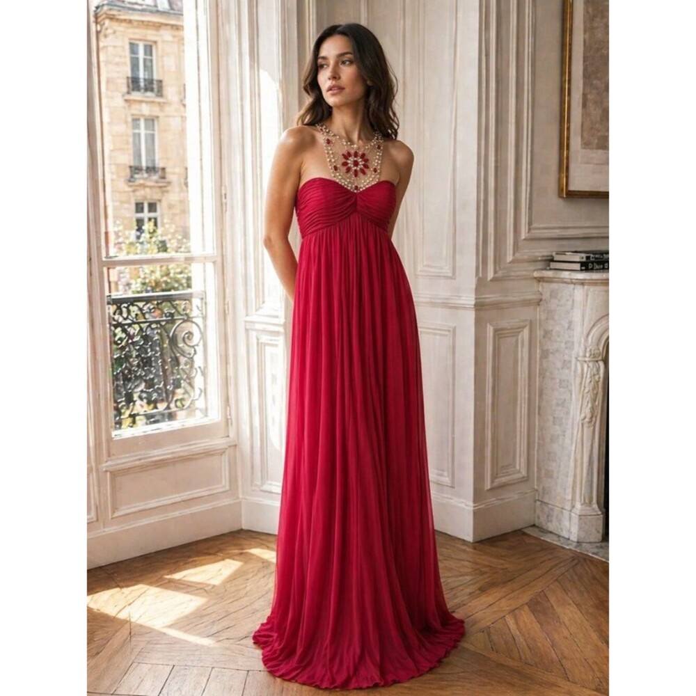 Adrianna Papell Embellished Wine Red Maxi Dress Size 10